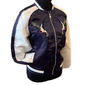 ESCALIER SATIN BOMBER JACKET WITH BIRD DETAIL NAVY BLUE WHITE SIZE SMALL
